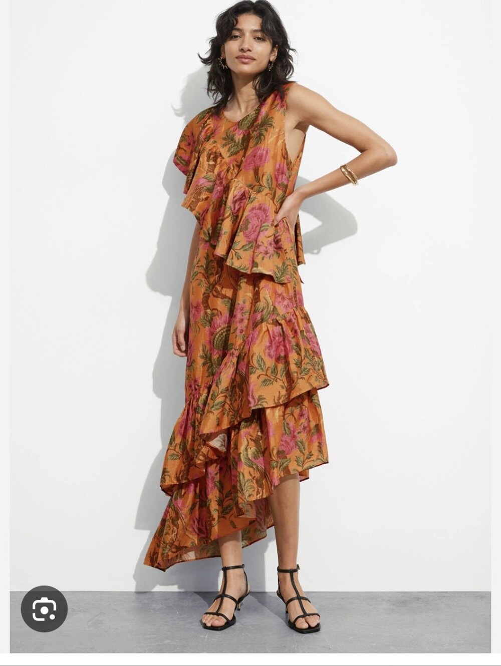 & Other Stories Cascading Tiered Ruffle  Midi Dress in Orange and Pink Sz.2 NWT